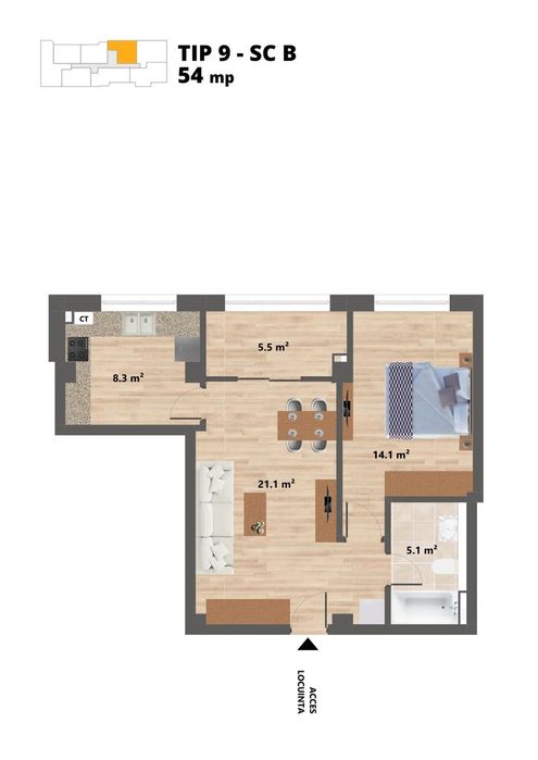 Sun Residence -- Apartament 2 camere - TIP 9 - 54 Mp - Proiect NOU -