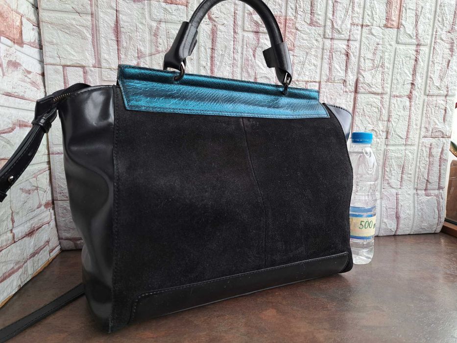 дамска чанта,черна кожена торба-естествена кожа и велур