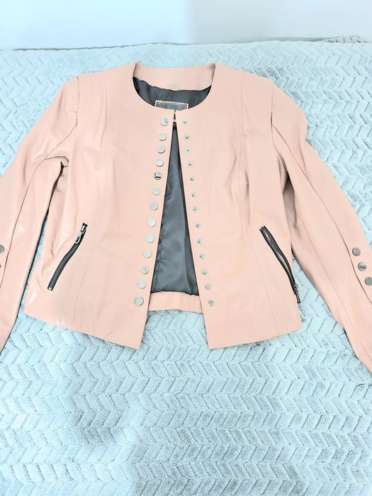 Geaca piele naturala, 38-40, roz pudrat, cu capse, Noua,  nepurtata