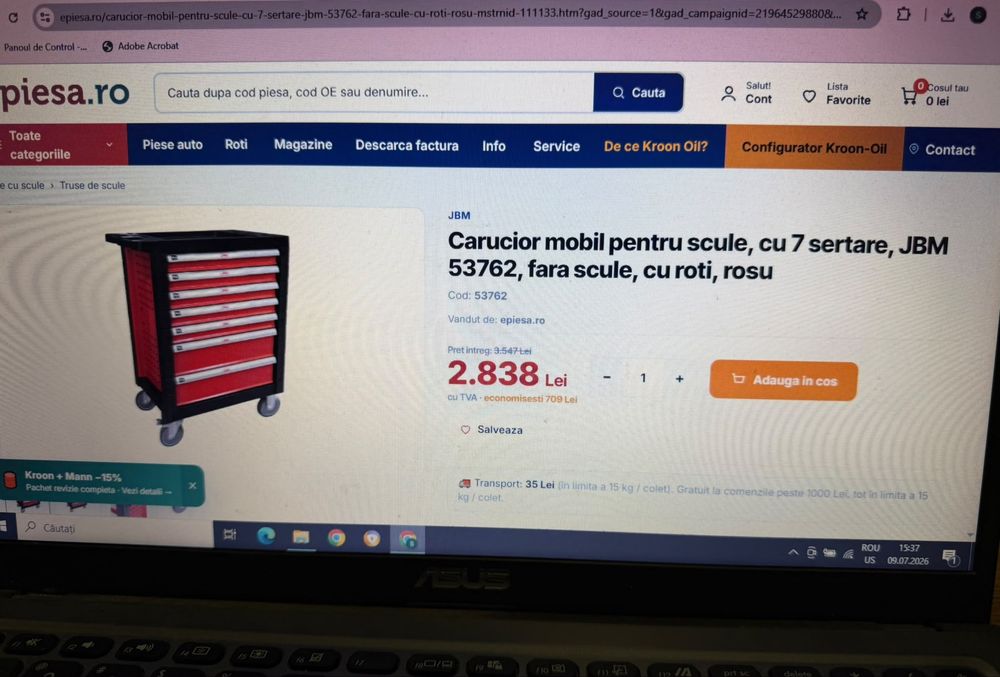Carucior mobil pentru scule, cu 7 sertare, JBM, fara scule, cu roti, rosu