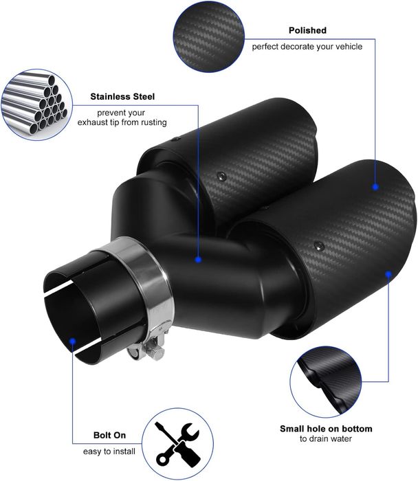 Krtopo — двоен карбонов накрайник за автомобилен ауспух, с вход 63 мм и изходи с размер 3,5 инча.