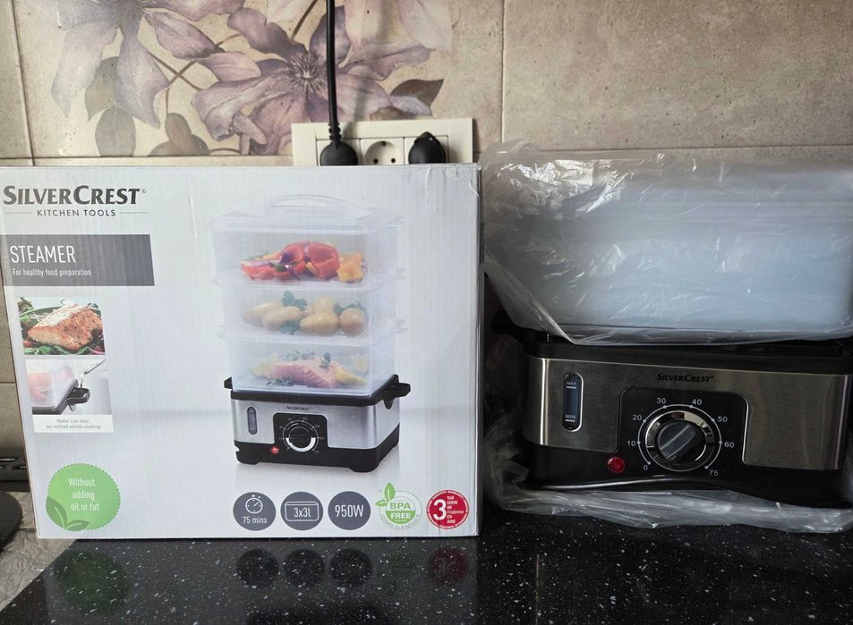 Aparat de gatit cu aburi, SilverCrest, 950 W, 9 l, Negru/Argintiu