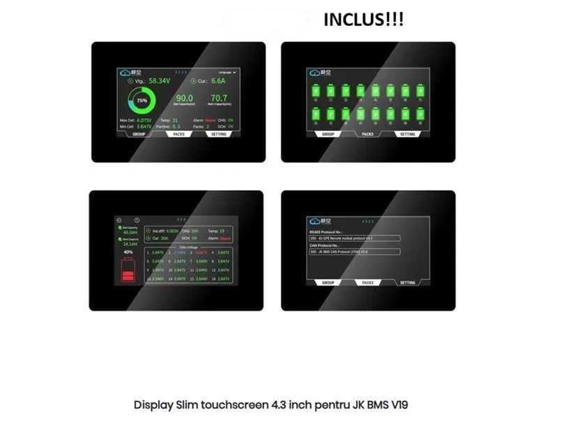 BMS JK PB2A16S20P V19 2A Echilibrare 200Ah Nominal 350Ah Max cu Display Touch V19 4.3"