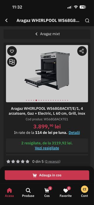 Aragaz WHIRLPOOL WS68G8ACXT/E/1, Gaz+Electric, L 60 cm, Grill, inox.