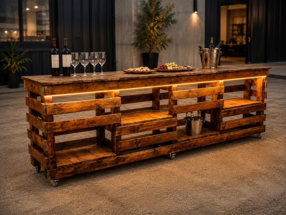 Bar mobil rustic din lemn, 3 m, iluminare LED și roți