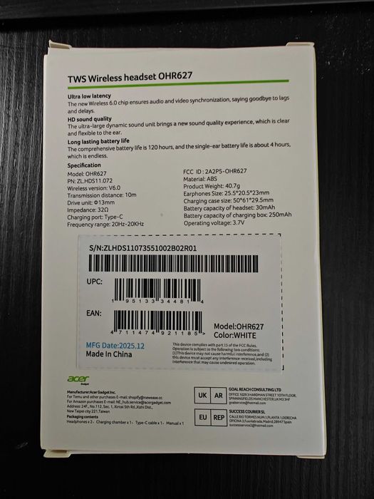 Căști Bluetooth 6.0 Acer OHR627 Noi, 120h Standby, Ultra-Ușoare (40g)