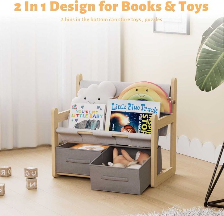 2-етажна детска етажерка чекмеджета Монтесори органайзер книги детска