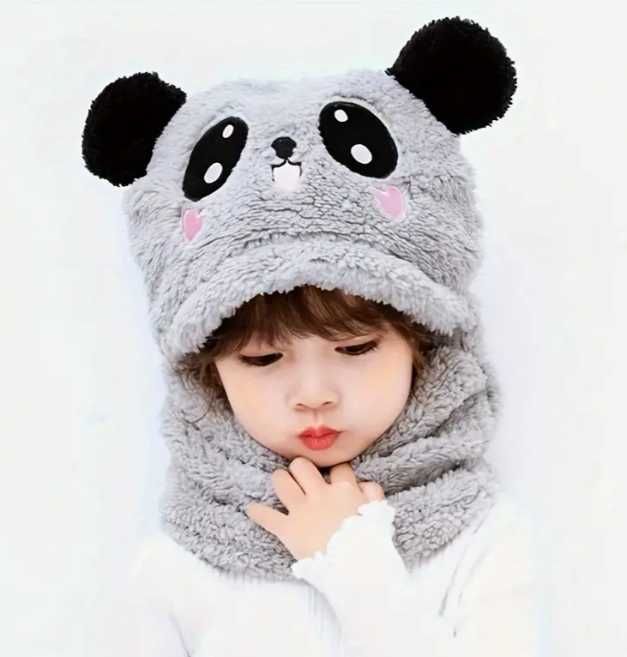 Детски шапки панда с яка от 3 до 8 години