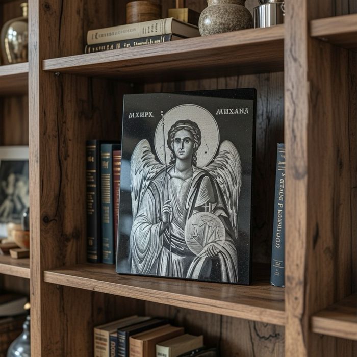 Гравирана икона на Св. Архангел Михаил върху черен гранит