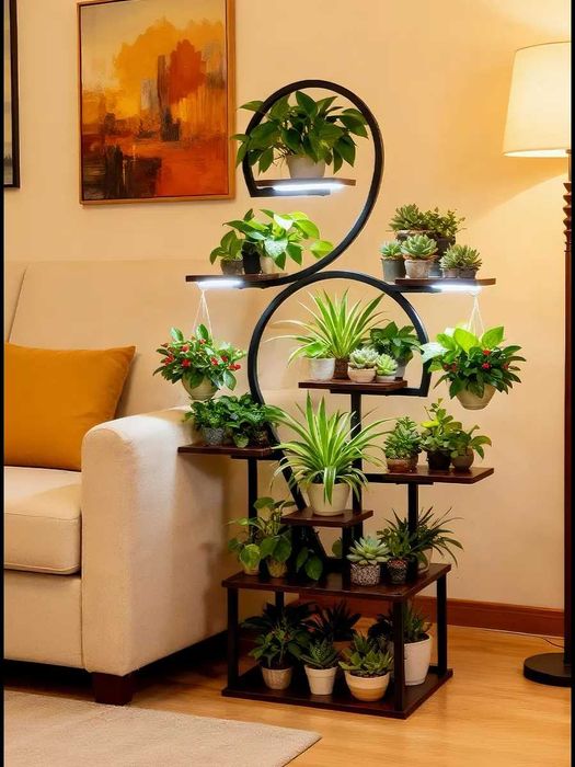 Подставка для цветов напольная с подсветкой, фигурный стеллаж в декор