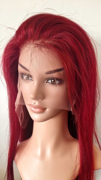 Естествена бордо тъмно червена дантелена перука 80 см - 13x6 Lace
