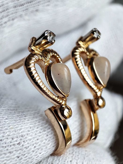 Cercei Aur 14K Rusia Rusesti Cu Quart Roz Natural Si Cristal Stanca