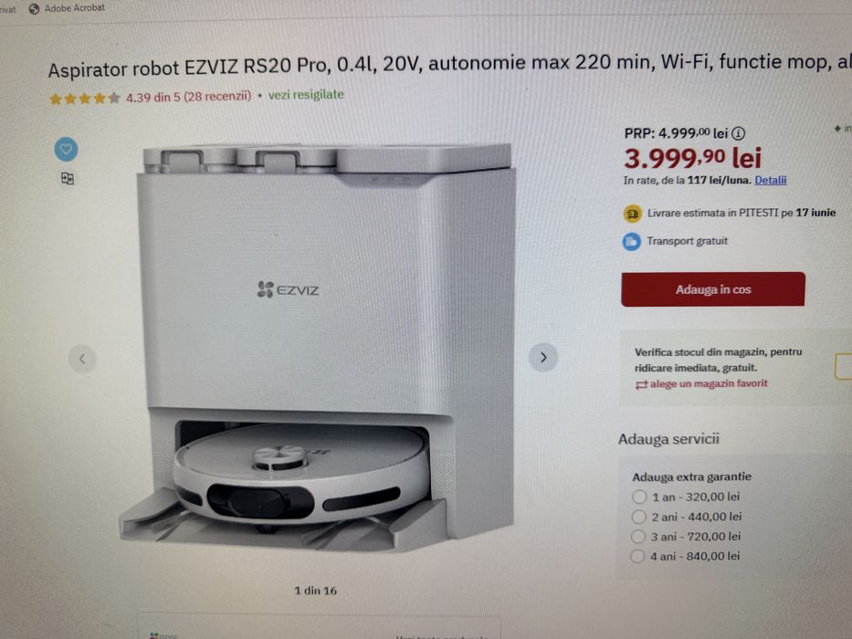 Aspirator Robot in Garantie EZVIZ RS20 Pro stare Noua, autonomie 220 min Wi-Fi, functie mop