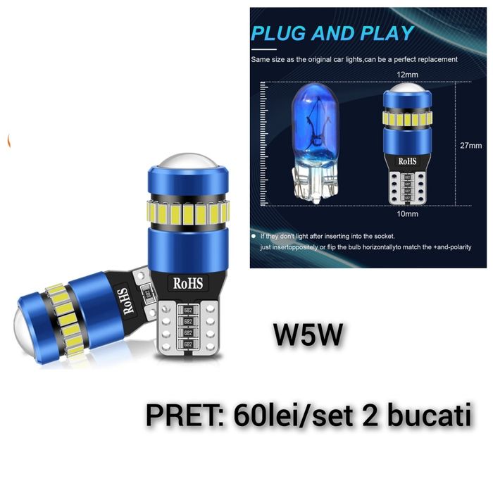 Led-uri auto H1,H4,H7,H8,H9,H11,W5W,P21W,semnal,pozitii,interior,etc