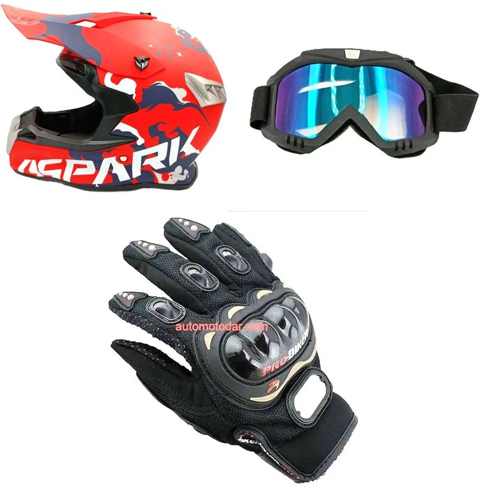 Комплект кросова каска очила и ръкавици
