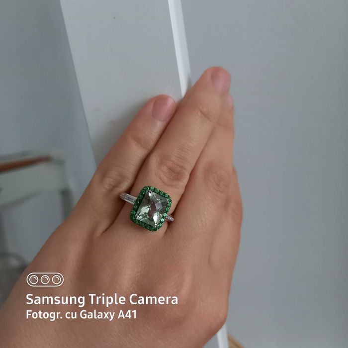 Inel cu diamnate, ametist verde si pietre granat