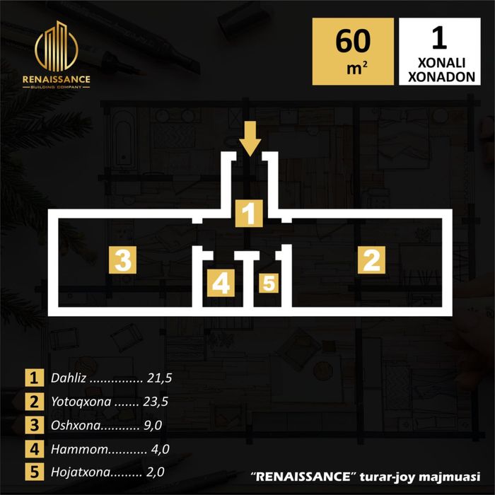 1 комнатная квартира, 60кв.м 5-этаж