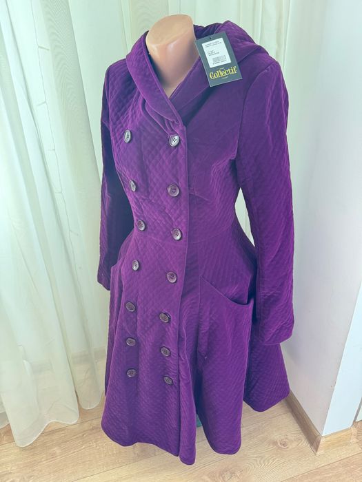 Palton mov cu glugă, matlasat, din catifea, model swing, Collectif XS