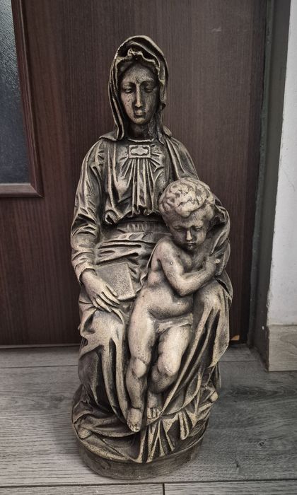 Statuetă deosebită Michelangelo Buonarrati Madonna Fecioara Maria cu Pruncul Iisus Sedes Sapientiae din ceramică fină, din anii 1950.