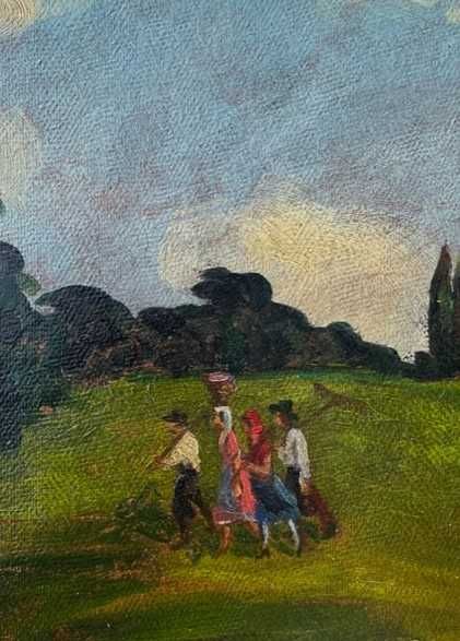 ”Țărani pe deal” Tablou AUTENTIC VECHI sem în pastă, ulei/cart 60x50+R