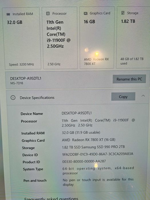 Геймърски i9 11900/RX 7800XT/32gb рам/Nvme 2tb/Enermax Top RGB