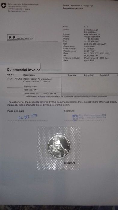 Monedă de argint cu chipul lui Roger Federer,emisă la 23 ianuarie 2020