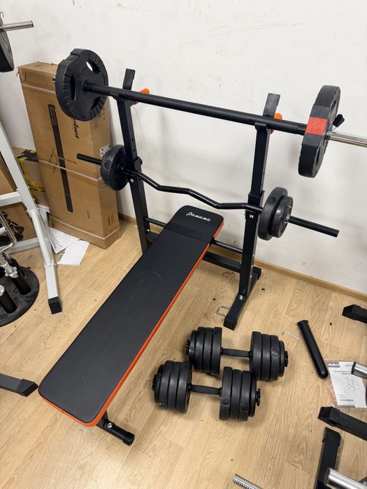 Pachet sala acasa, banca piept reglabila plianta+Gantere reglabile cu bara haltera si Bara Z, greutate totala fara Banca 50 kg. Pret promo  900 lei