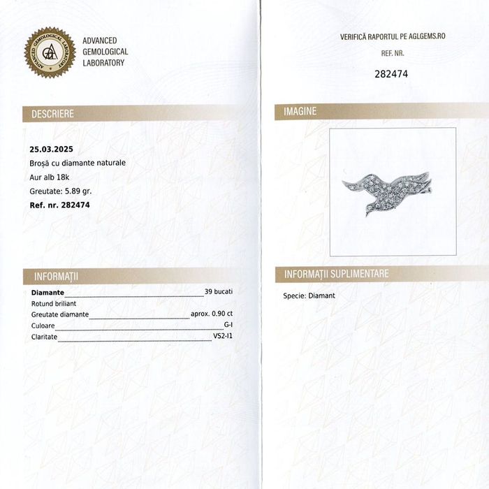 brosa - pandantiv, aur 18k, diamante 0.90ct, certif.