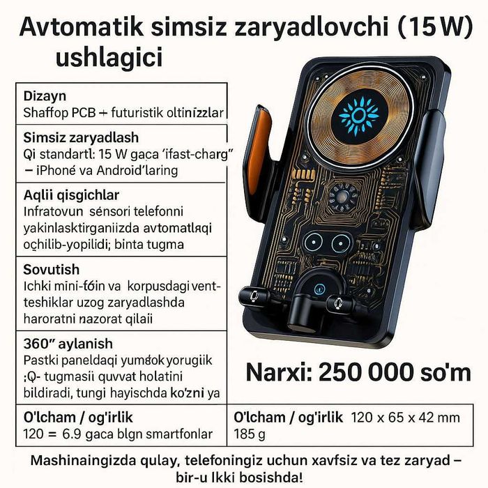 Avtomatik simsiz zaryadlovchi ushlagich