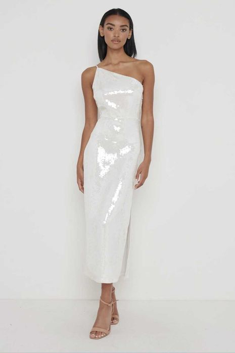 Pretty Lavish дълга рокля с пайети, сребрист/бяла, едно рамо, р-р S