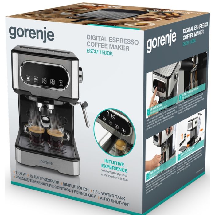 Espressor cafea, Gorenje ESCM15DBK, 1100W, Rezervor de apa 1.5L, 15 ba