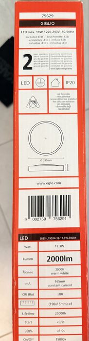 EGLO GIGLIO LED плафон 2000 lm, 3000K – чисто нов, неотварян