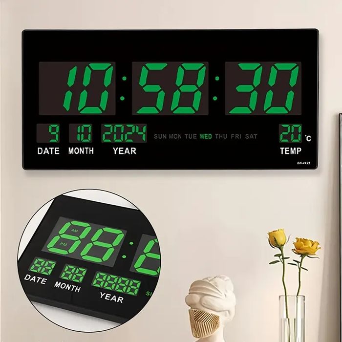 Стенен часовник Зелен светодиоден цифров дисплей,термометър, календар