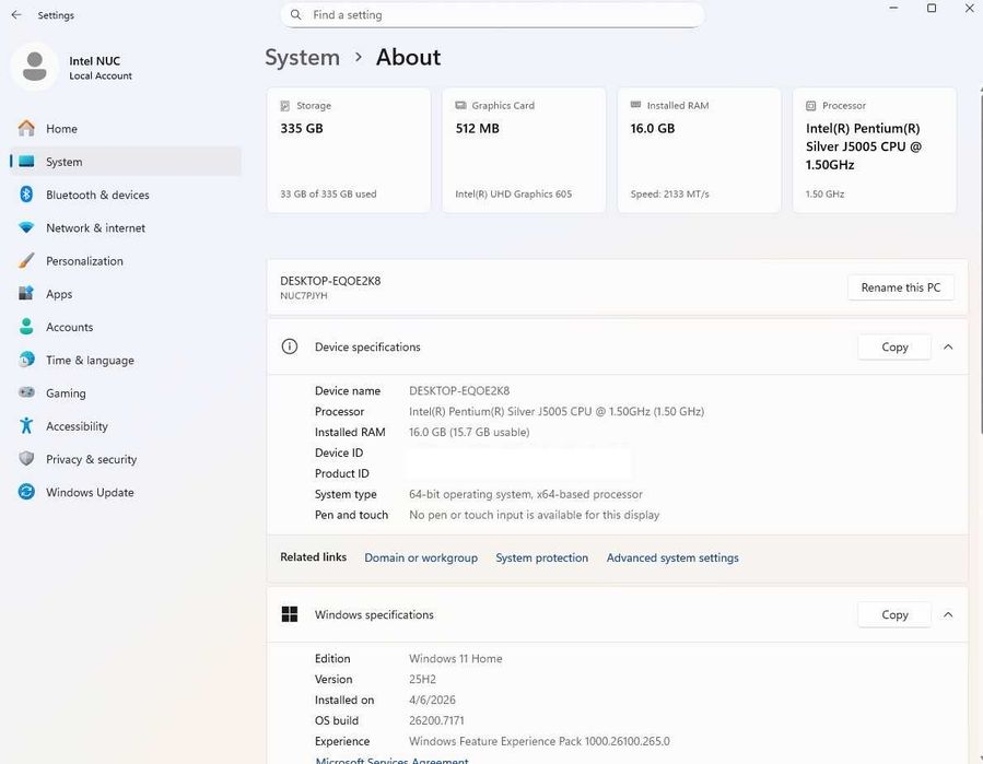 Intel NUC, 16gb DDR4, Pentium Silver, Mini PC