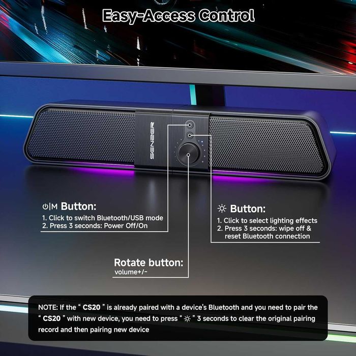 SENZER CS20 2 в 1 Bluetooth компютърни високоговорители за настолен компютър, USB Plug & Play