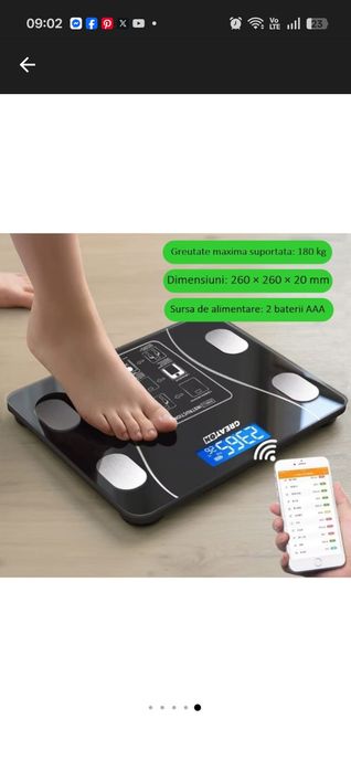 Интелигентна цифрова телесна везна за баня, Bluetooth връзка, LCD дисплей, максимално тегло 180 KG, индекс на телесна маса, черен
