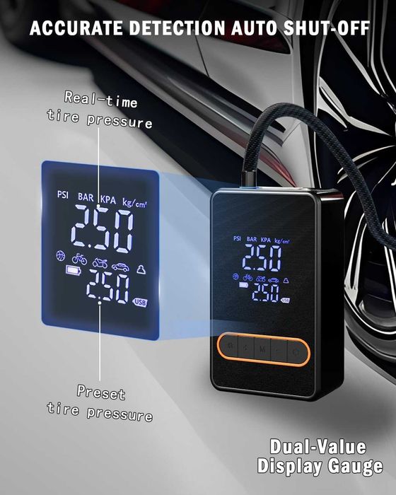 Акумулаторен мини копресор, Power Bank, Автоматично изключване, LED