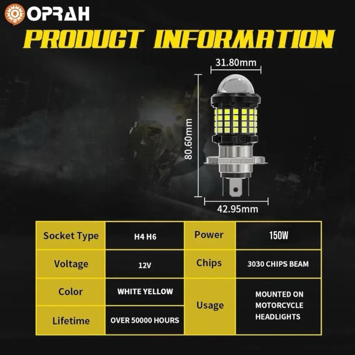 1 БРОЙ LED Диодна крушка H4 за Мотор Мотоциклет 150W 12V +300%
