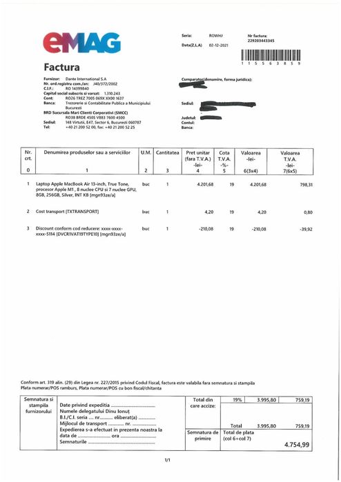 Vând schimb MacBook Air M1, achiziție 12/2021, factura EMag, impecabil.