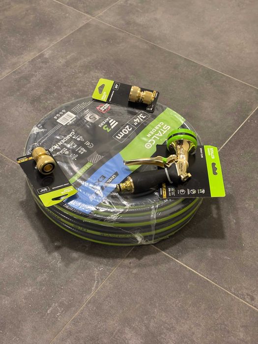 Set Complet Furtun Grădină 3/4" 20m STALCO GARDEN + Pistol și Conectori Alamă 8 Funcții