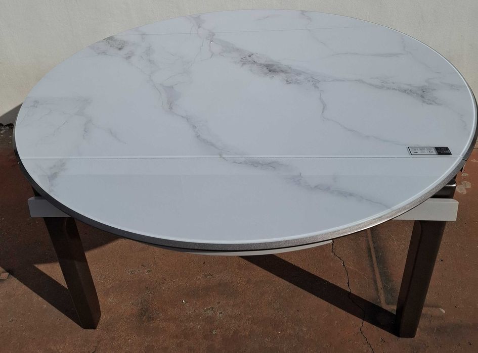 Masa MARMURA Alba cu insertii gri in valuri 150x90->150x150