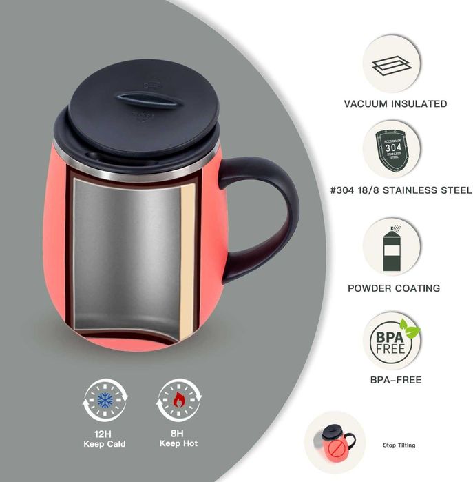 Cana cafea sau ceai, 470ml, perete dublu, izolat în vid, roz sau verde