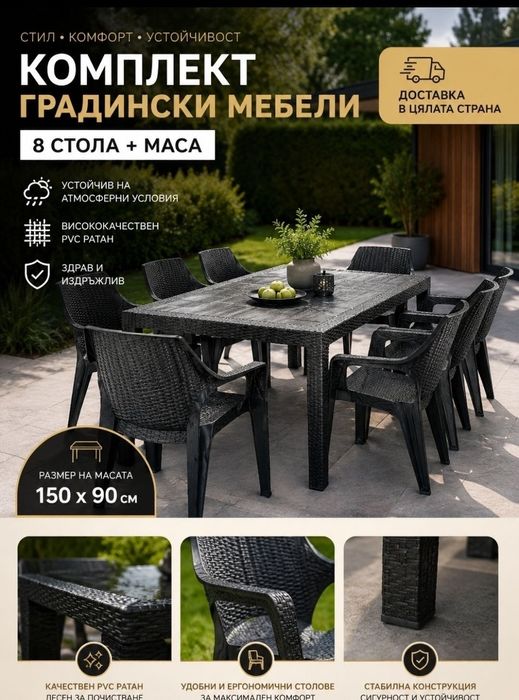 Комплект голяма маса 150/90 см + 8 бр пласмасов ПВЦ ратан