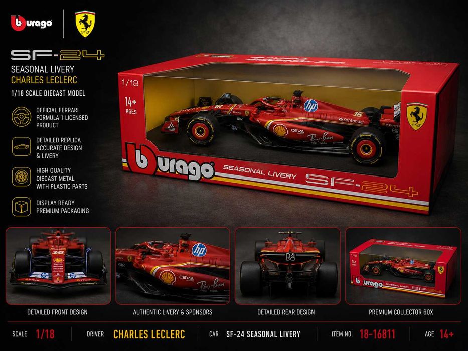 Bburago Burago Ferrari SF-24 Seasonal Livery 16 Charles Leclerc (1:18)