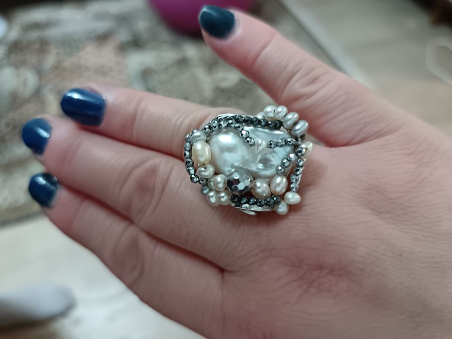 Inel Miracle din argint cu perlă baroc și hematit natural