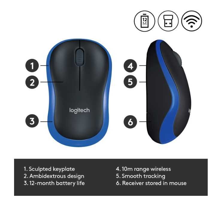Mouse Logitech M185, USB, Negru cu Albastru