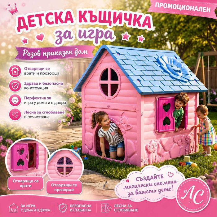 Детска къщичка за игра – Розов приказен дом с отварящи се врати и прозорци.