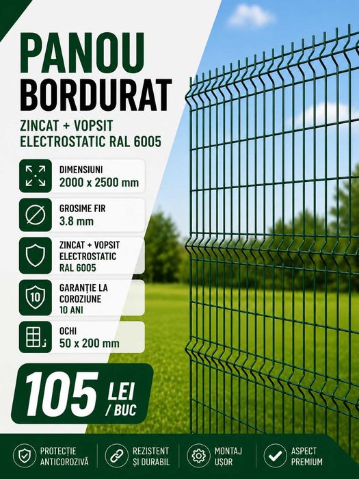 Panou gard bordurat 2000x2500x3.8 mm zincat vopsit RAL 6005 verde