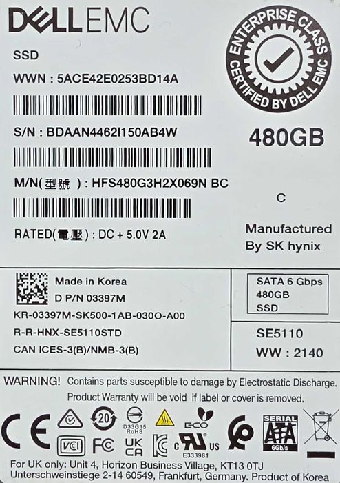 SSD диск: Dell 480gb ssd sata read intensive 6gbps 512e 2.5 in