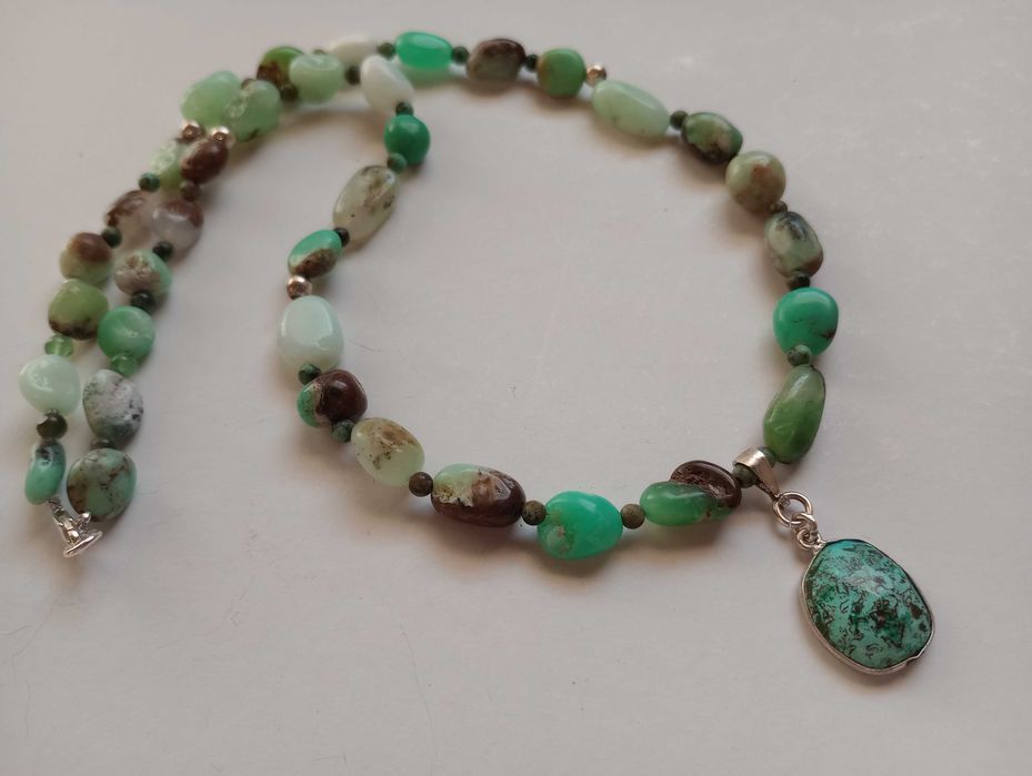 colier argint si pietre naturale crisopraz,pandantiv turcoaz